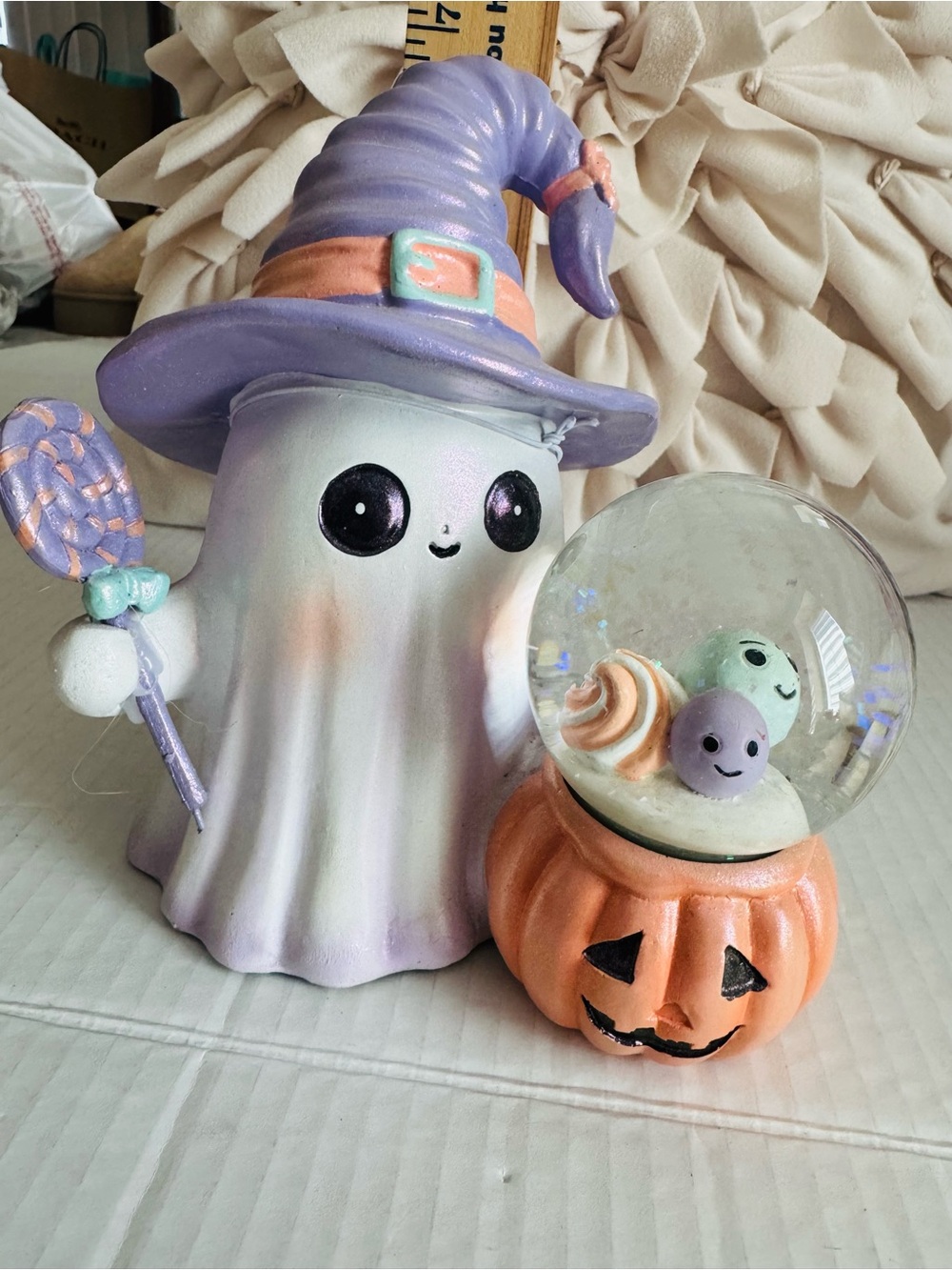 Hey Boo  Ghost Witch Figurine with Pumpkin Snow Globe BNWT